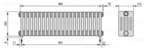 Схема (чертеж) Радиатор Zehnder Charleston 5026/21 №3570 Белый глянцевый RAL 9016